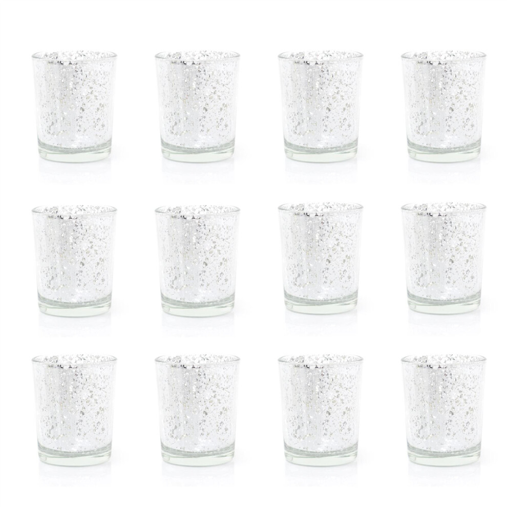 Pack Of 12 Silver Speckled Tealight Holder | Silver Mercury Effect Glass Tea Light Holder | Glass Votive Candle Holder Candle Pot