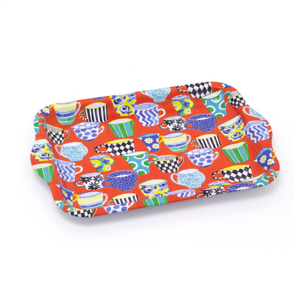 Sarah Campbell Red Tea Cup Small Tin Tray | Rectangle Serving Tray With Handles Tea Tray | Kitchen Tray - 24cm