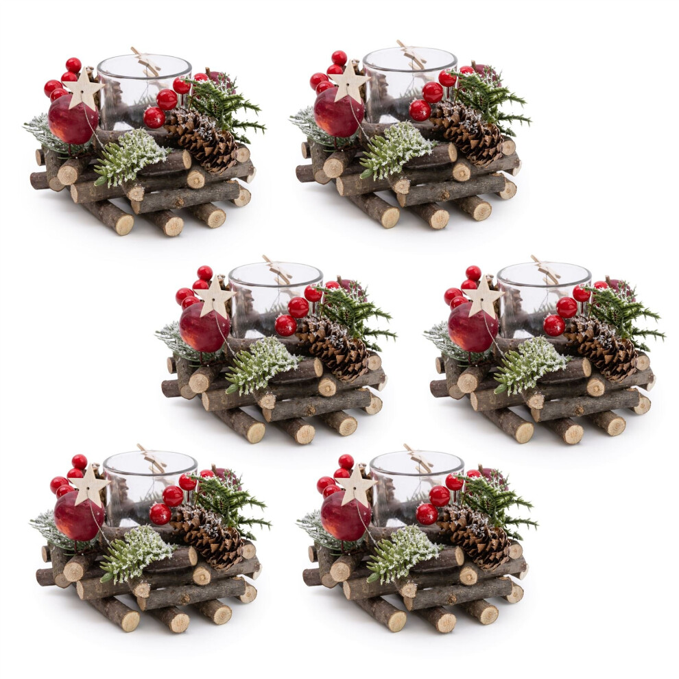 Set Of 6 Traditional Pinecone & Berries Christmas Wreath Tealight Candle Holder