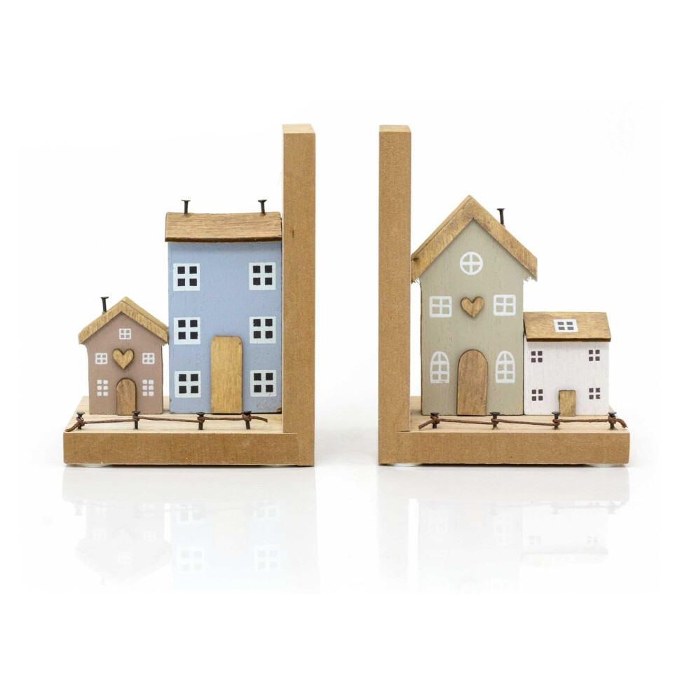 Carousel Wooden House Bookends | Pair Of Shabby Chic Townhouse Bookends | Set Of 2 Wooden Book Ends For Shelves