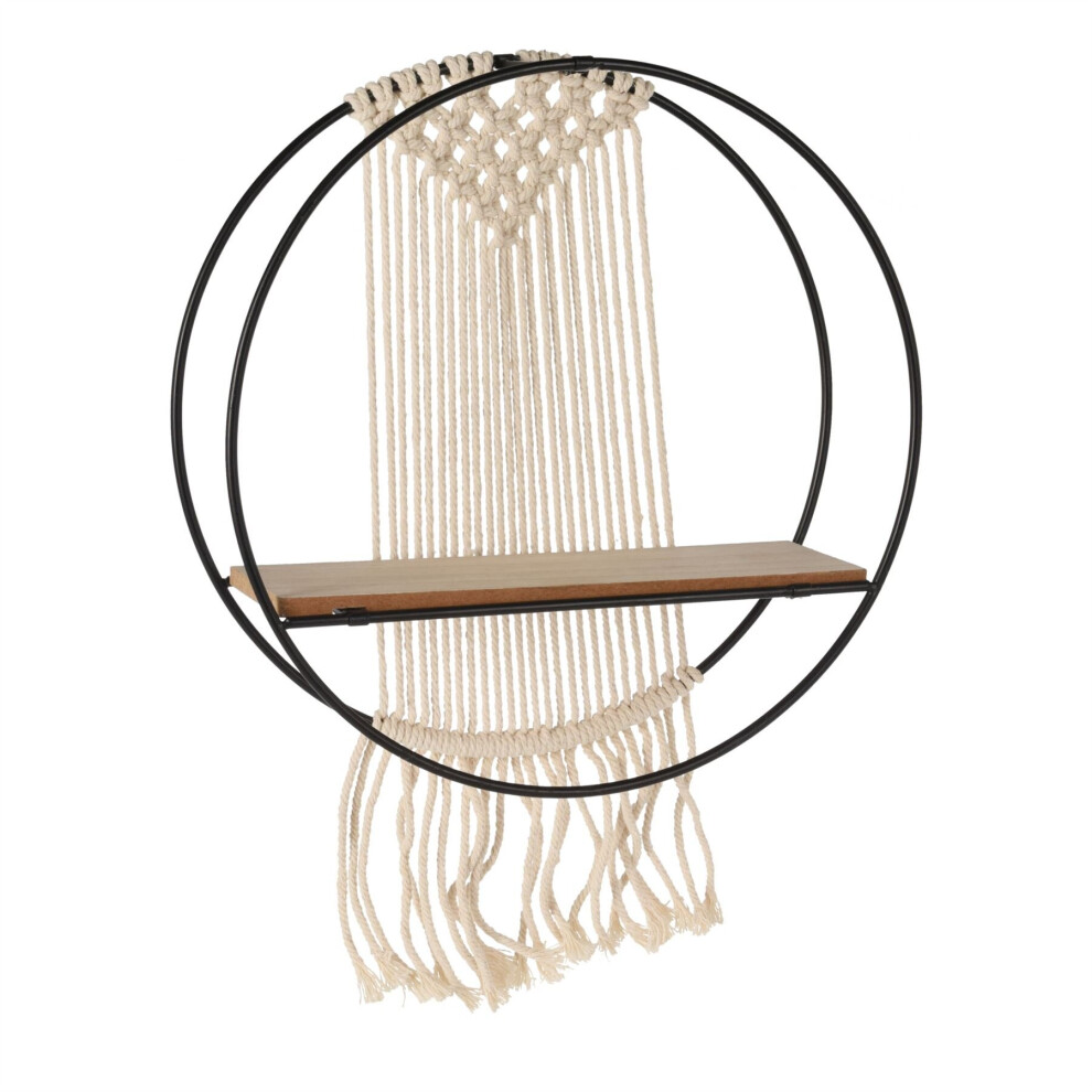 Black Metal And MacramÃÂ Round Wall Shelf | Wall Mounted Floating Circle Display Shelf | Wall Rack With Shelf Wooden Hanging Shelf For Wall