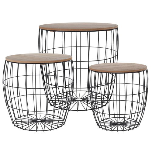 Set Of 3 Round Black Metal Side Tables Wooden Top Storage Basket End