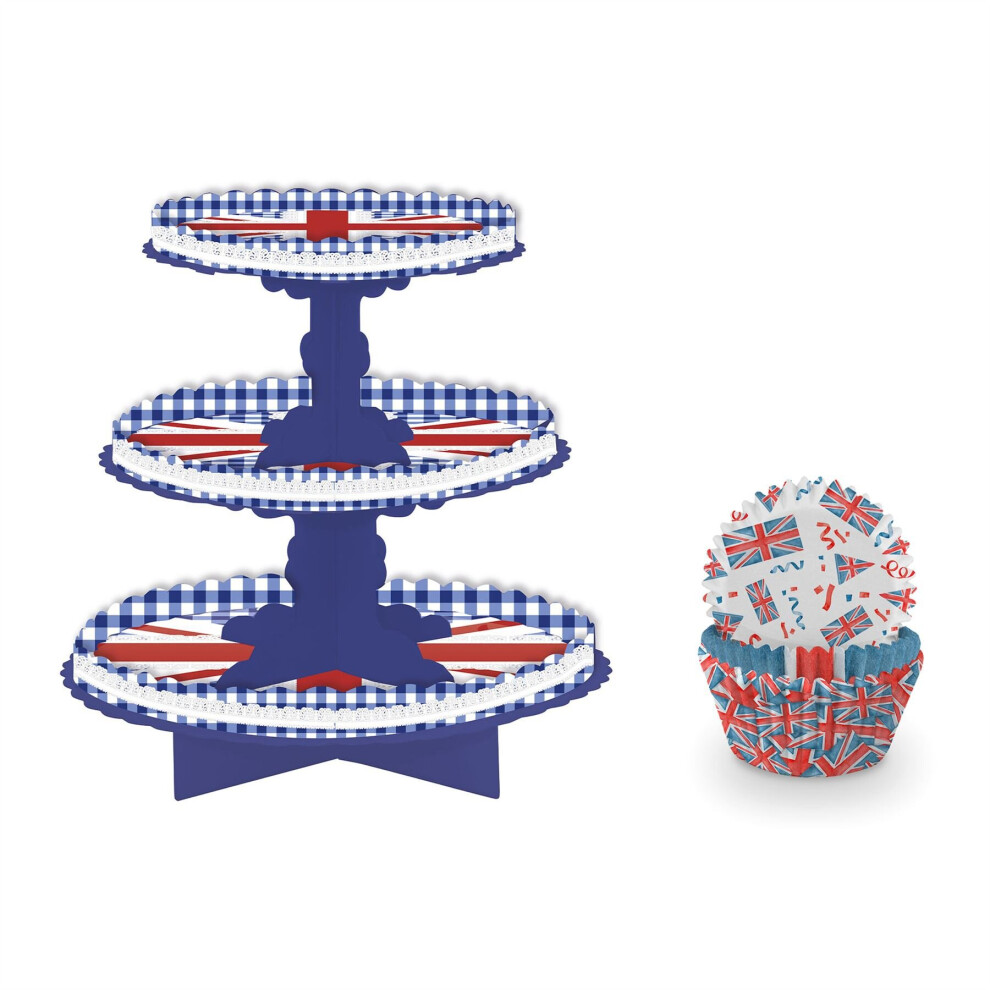 Carousel Union Jack Cupcake Stand & Cases With King Charles Coronation Party Design