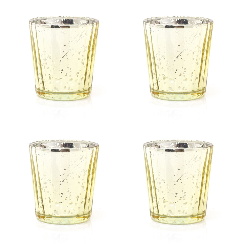 Pack Of 4 Gold Mercury Effect Glass Tealight Holder | Round Gold Speckled Tealight Holder | Ribbed Glass Votive Candle Holder Candle Pot