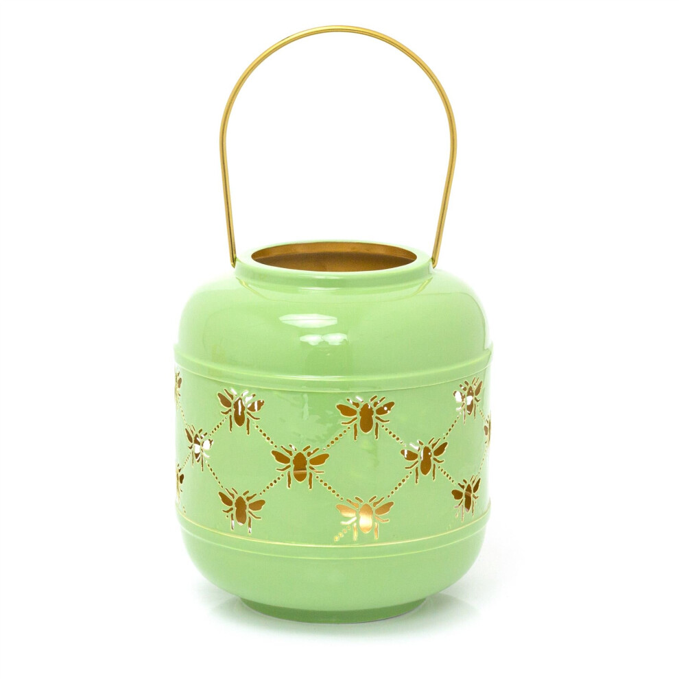 20cm Honey Bee Metal Hurricane Candle Lantern | Hanging Lantern For Home - Green