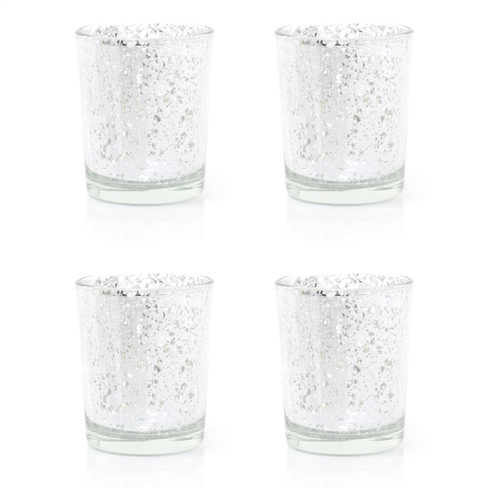 Pack Of 4 Silver Speckled Tealight Holder | Silver Mercury Effect Glass Tea Light Holder | Glass Votive Candle Holder Candle Pot