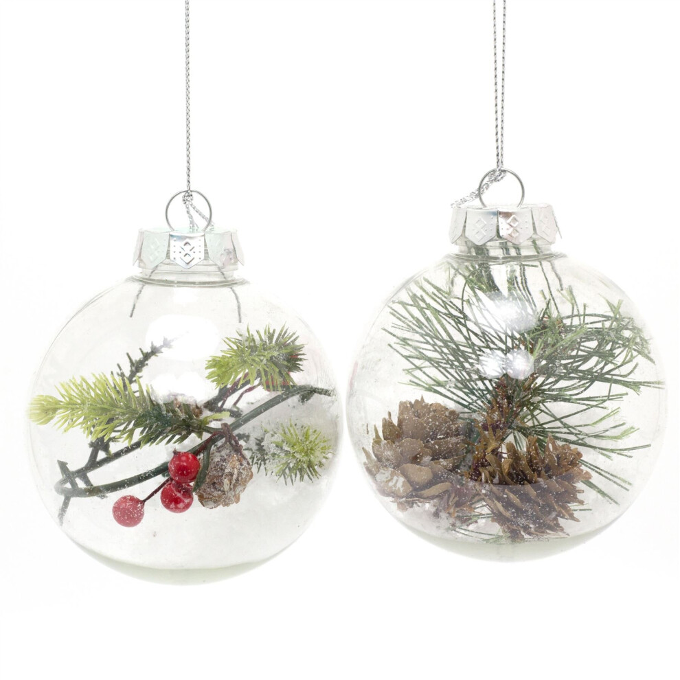 Pack Of 2 Traditional Pine Cone And Berry Christmas Tree Bauble | Snowball Christmas Tree Ornament | Xmas Tree Bauble Hanging Christmas Decoration