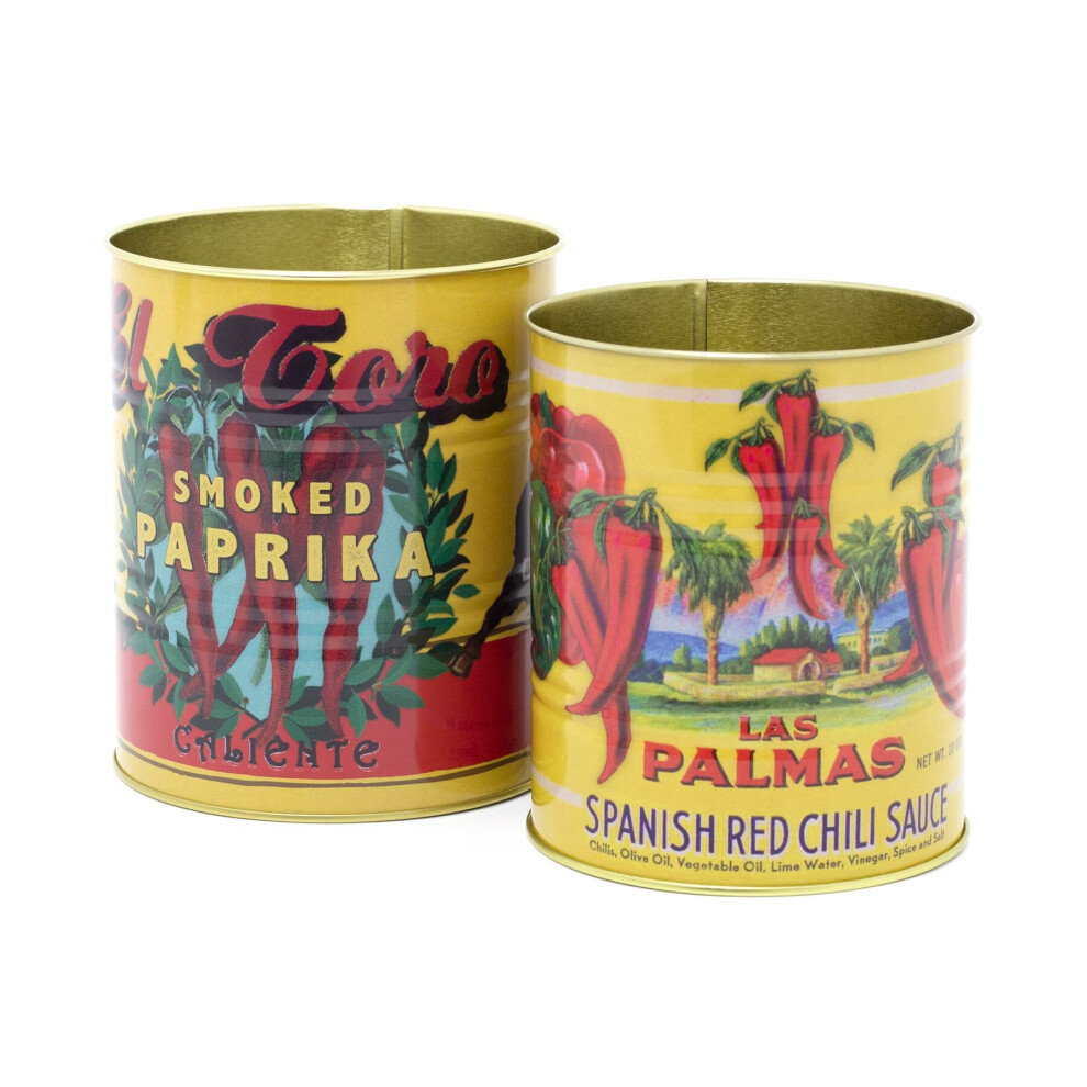 Set of 2 Decorative Replica Food Tin Cans | 2 Piece Mediterranean Retro Metal Storage Tin Set | Vintage Style Metal Food Display Cans