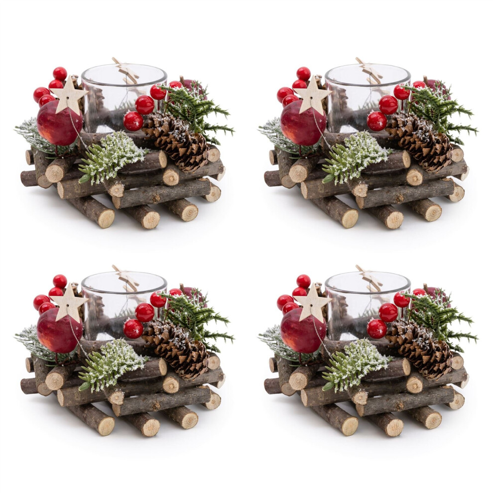Set Of 4 Traditional Pinecone & Berries Christmas Wreath Tealight Candle Holder