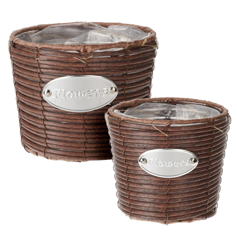 Set Of 2 Wicker Outdoor Planters | Garden Wicker Flower Pots 2 Piece Willow Basket Planters | 2 Round Garden Plant Pots - Flowers