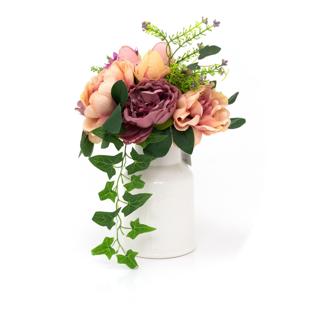 Artificial Bouquet Flowers In Ceramic Vase | Faux Peonies Roses And Ranunculus | Faux Dusky Peonies and Blooms in White Ceramic Vase