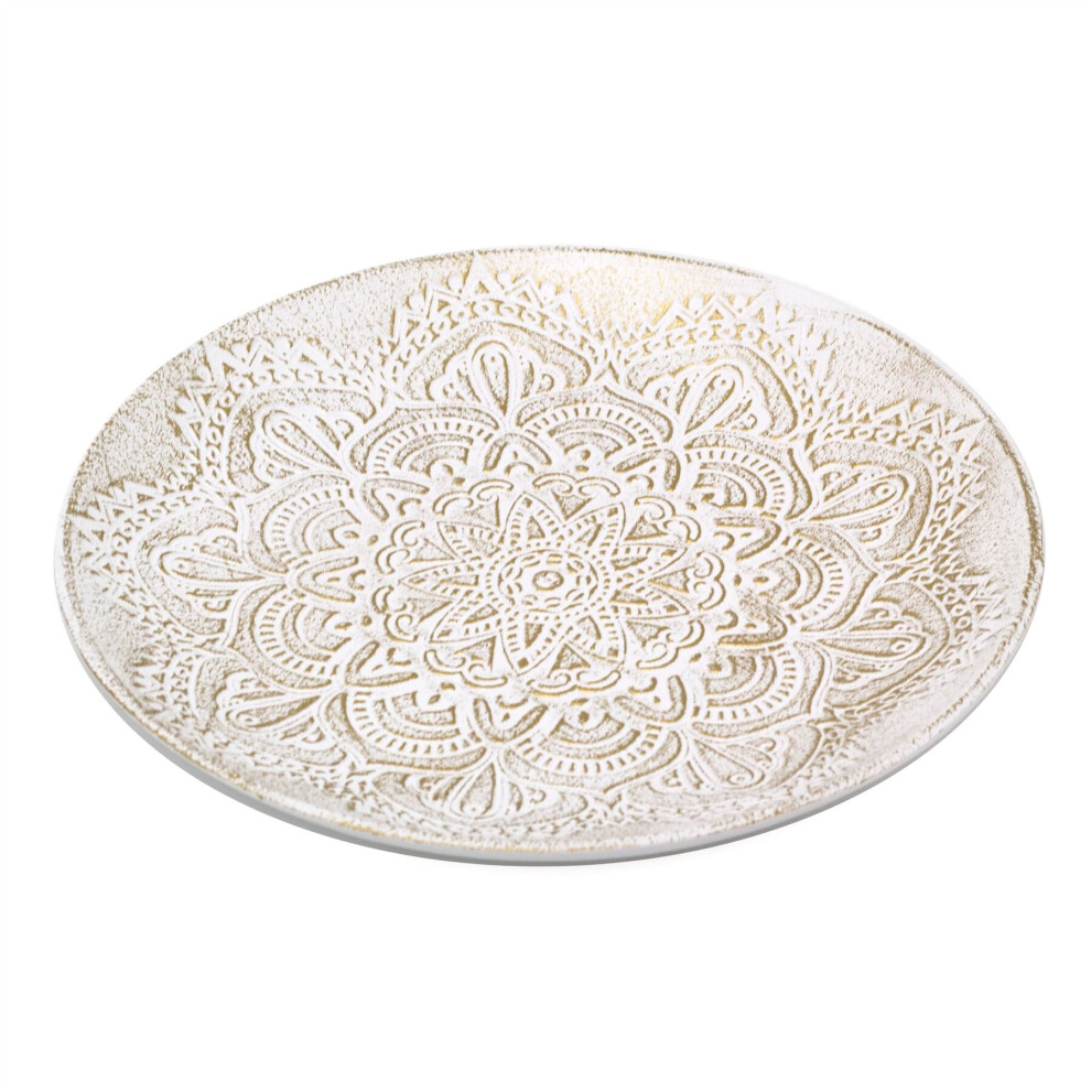 White & Gold Mandala Flower Round Serving Tray | Boho Antique Style Wooden Coffee Table Tray | Decorative Tray Display Dish - 30cm