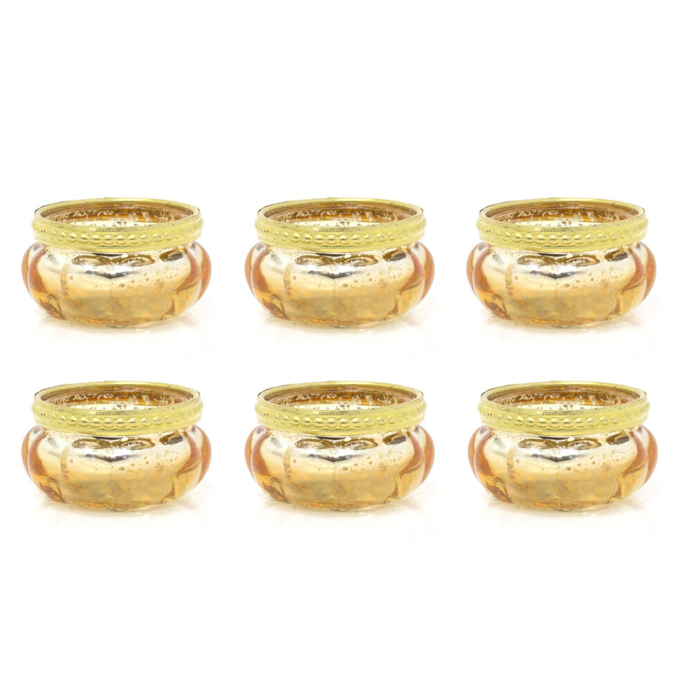 Pack Of 6 Gold Mottled Effect Round Glass Ribbed Tea Light Votive Candle Holder