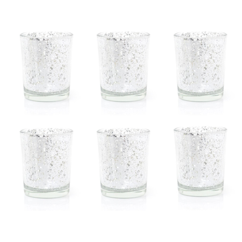 Carousel Pack Of 6 Speckled Tea Holder | Mercury Effect Glass Tea Holder | Glass Votive Candle Holder Candle Pot Silver/Light