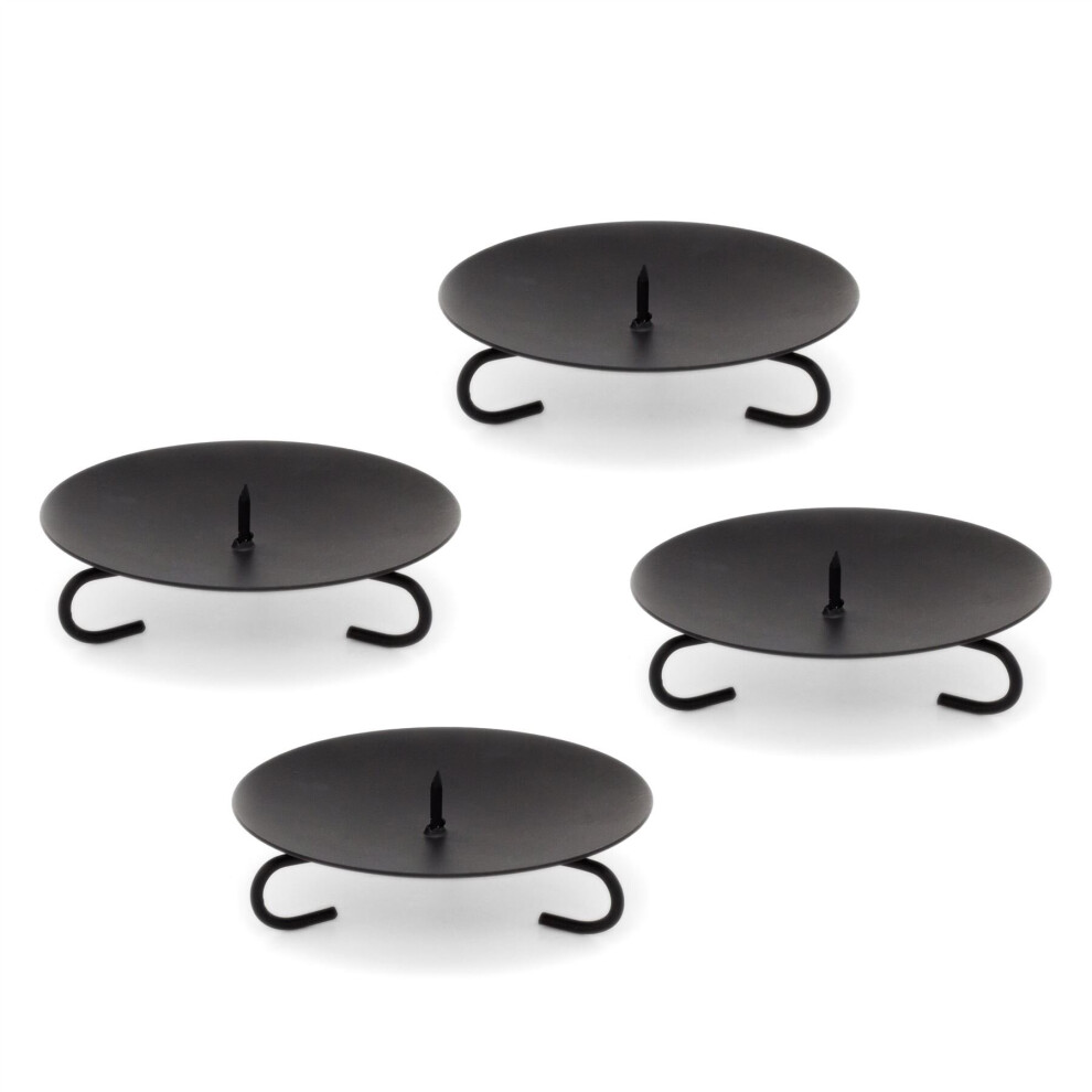 Set Of 4 Traditional Black Metal Candle Holder Candle Plate | Pillar Candle Holder Candle Dish Candlestick | Round Votive Candle Holders