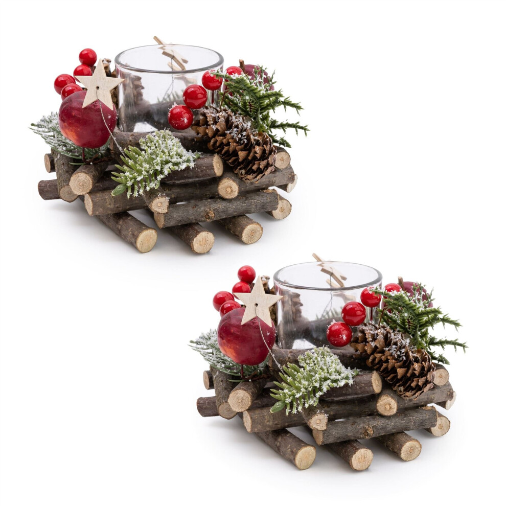 Set Of 2 Traditional Pinecone & Berries Christmas Wreath Tealight Candle Holder