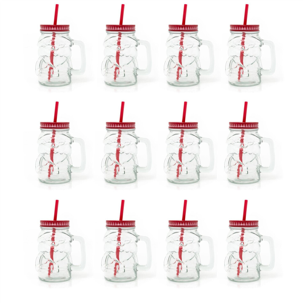 Set Of 12 Glass Santa Shaped Christmas Drinking Mason Jar With Lid And Straw