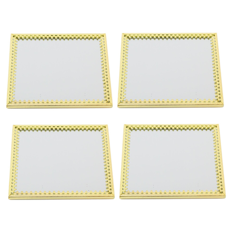 Pack Of 4 x 10cm Decorative Gold Rim Glass Mirror Candle Plate Stand | Heart Rimmed Candles Coaster Mirrored Candle Tray | Gold Glass Coaster - Square