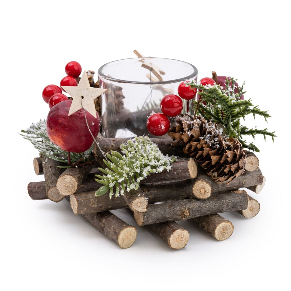 Carousel Traditional Pinecone & Berries Wooden Christmas Wreath Tealight Candle Holder