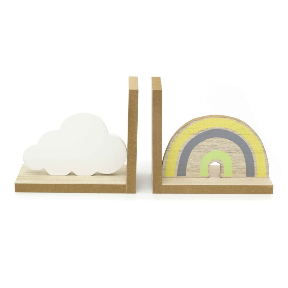 Pair Of Childrens Rainbow & Cloud Bookends | Decorative Bookends For Kids Wooden Bookends For Shelves | Set Of 2 Baby Nursery Book Ends