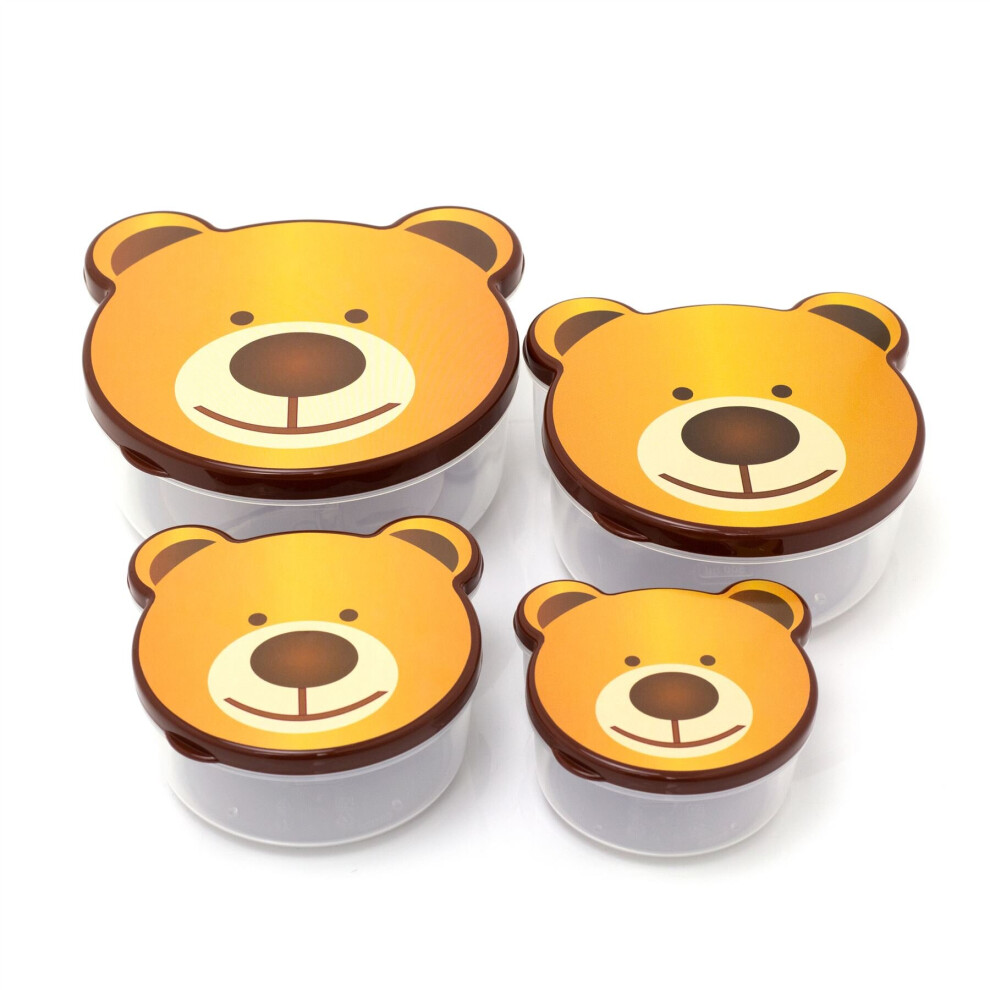 Set Of 4 Children's Animal Design Snack Pots | Nesting Snack Containers For Kids | 4 Piece Kids Airtight Food Storage Containers Tubs With Lids - Bear