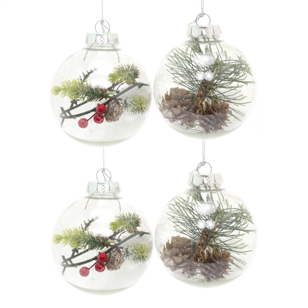 Pack Of 4 Traditional Pine Cone And Berry Christmas Tree Bauble | Snowball Christmas Tree Ornament | Xmas Tree Bauble Hanging Christmas Decoration