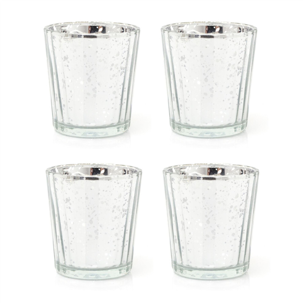 Carousel Pack Of 4 Mercury Effect Glass Tealight Holder | Round Speckled Tealight Holder | Ribbed Glass Votive Candle Holder Candle Pot Silver