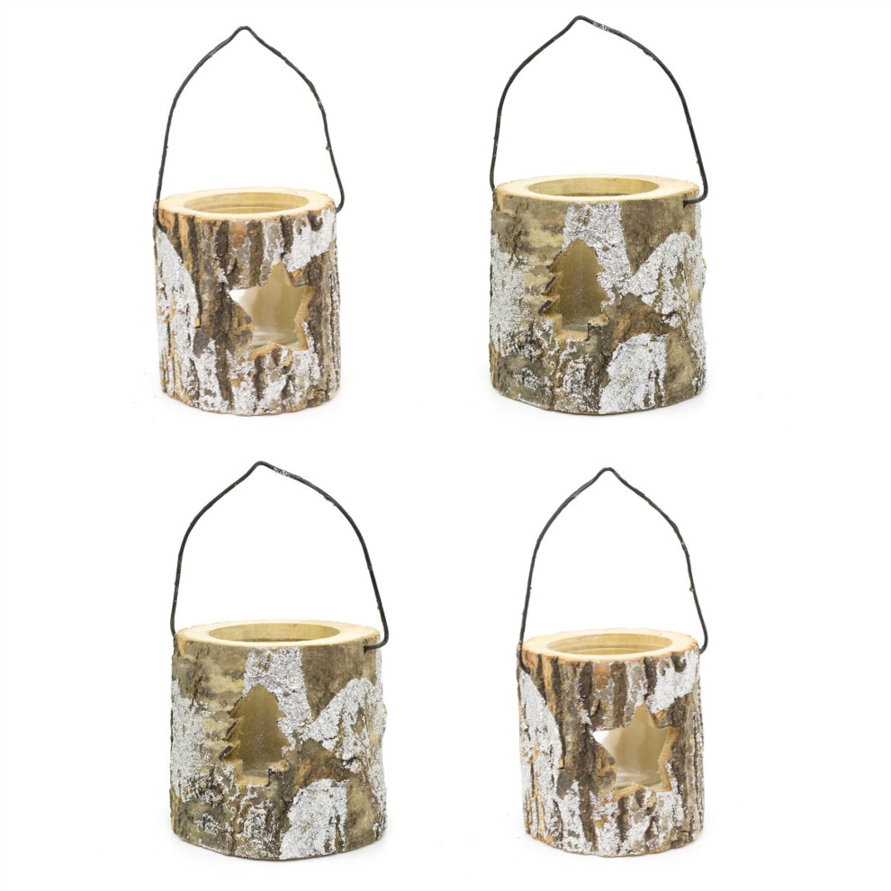 Carousel Pack Of 4 Tree Log Christmas Tea Candle Holders | Rustic Tea Lanterns Light