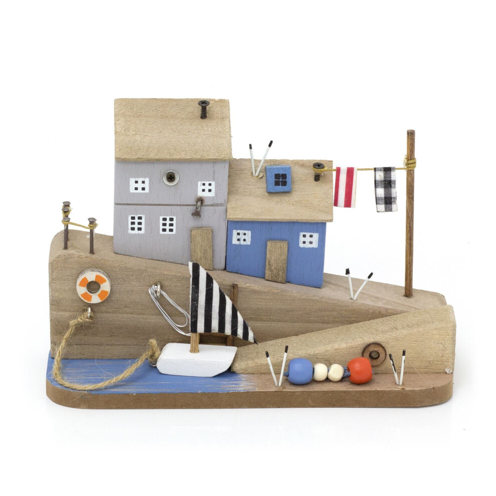 Seashore Coastal Cottages Nautical Ornament | Harbour Houses Nautical Decoration Beach Decor | Wooden Houses & Boat Seaside Decoration
