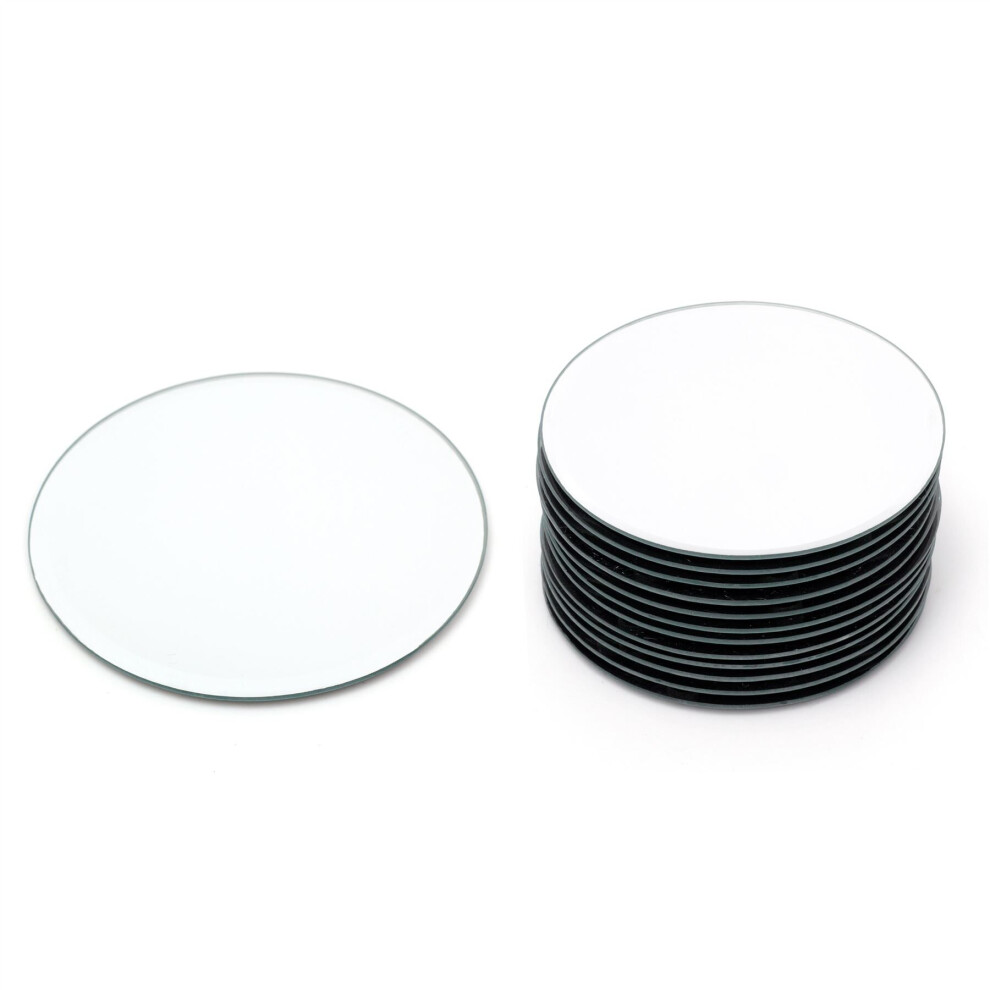 12cm Pack Of Twelve Round Glass Coaster Decorative | 12 Piece Mirror Glass Display Candle Plate | Mirrored Candle Tray