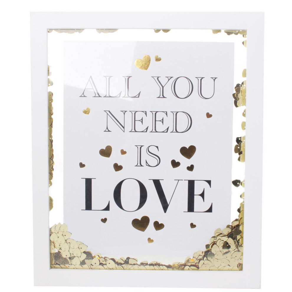 White Wooden Gold Heart Confetti Decorative Box Printed Quote Frame 32cm ~ All You Need Is Love