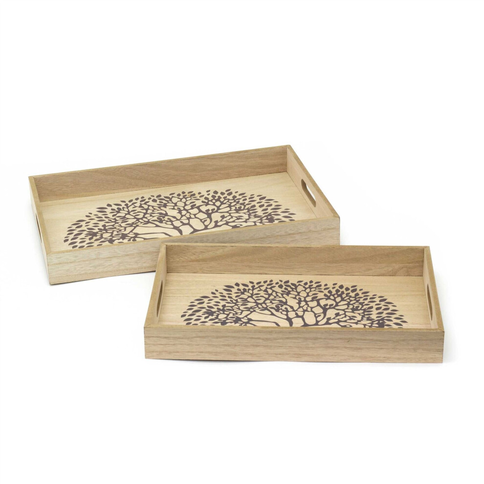 Set Of 2 Tree Of Life Rectangle Wooden Serving Trays | 2 Piece Wooden Storage Trays With Handles | Kitchen Tea Coffee Trays Breakfast Trays