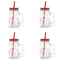 Set Of 4 Clear Glass Mason Drinking Jar Santa Shaped Drinks Glass | Christmas Drinking Jar With Lid And Straw | Novelty Christmas Drinking Glass 400ml