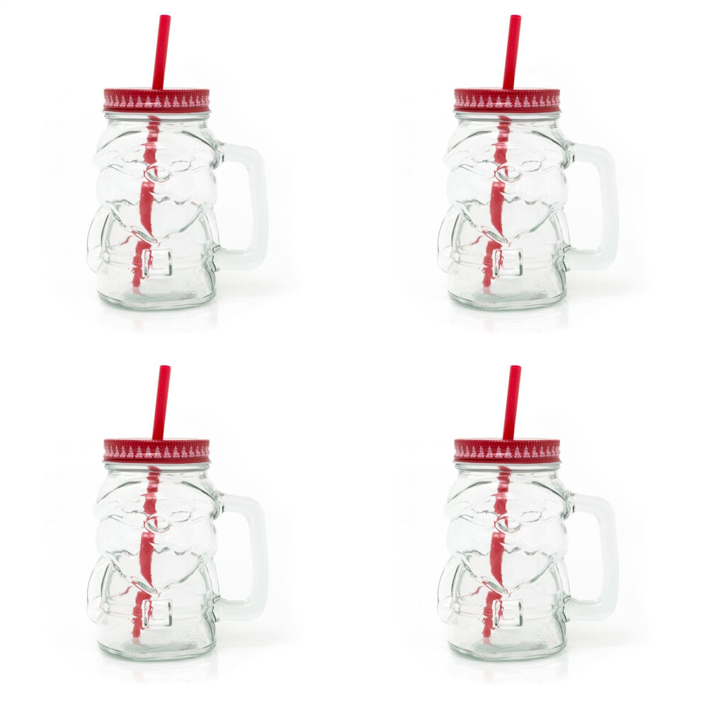 Set Of 4 Clear Glass Mason Drinking Jar Santa Shaped Drinks Glass | Christmas Drinking Jar With Lid And Straw | Novelty Christmas Drinking Glass 400ml