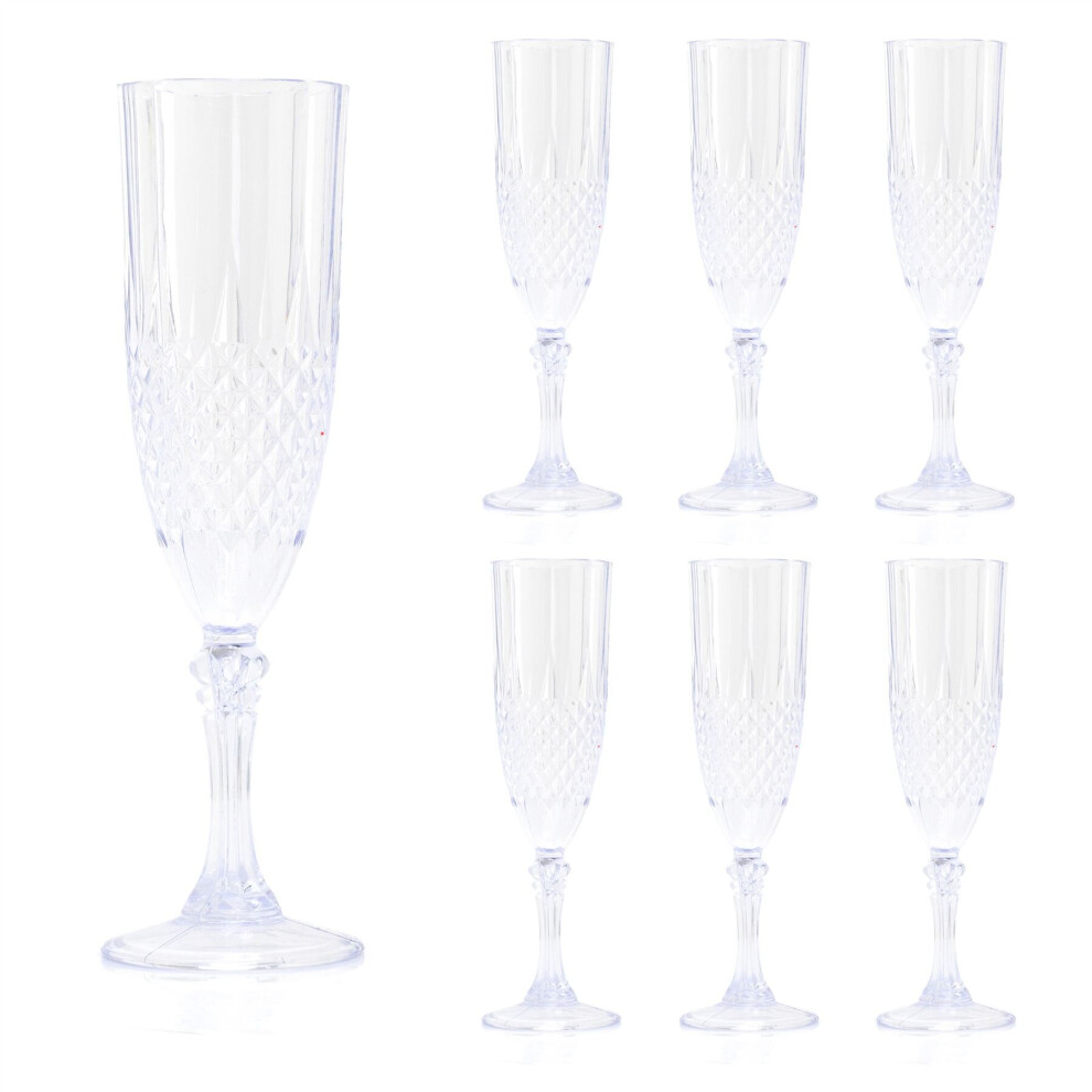 Pack Of 6 Embossed Plastic Champagne Flute | Cut Crystal Effect Reusable Plastic Champagne Flute Glass | Reusable Drinkware Outdoor Champagne Glass
