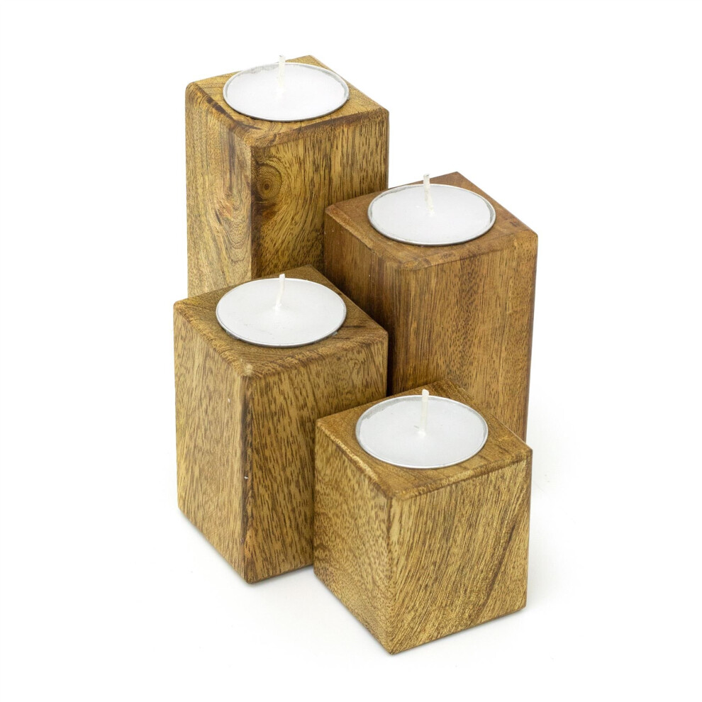 Set Of 4 Mango Wood Tealight Holders | 4 Piece Wooden Votive Candle Holder Set With Tealights | Square Rustic Tea Light Candle Holders