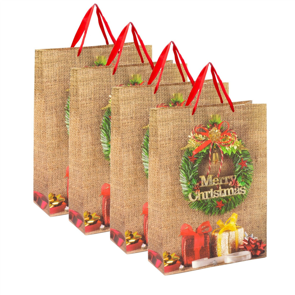 Set Of 4 Extra Large Christmas Gift Bag 45 x 33cm | Traditional Christmas Wreath Glitter Paper Gift Bag | Christmas Present Bag Xmas Gift Bag