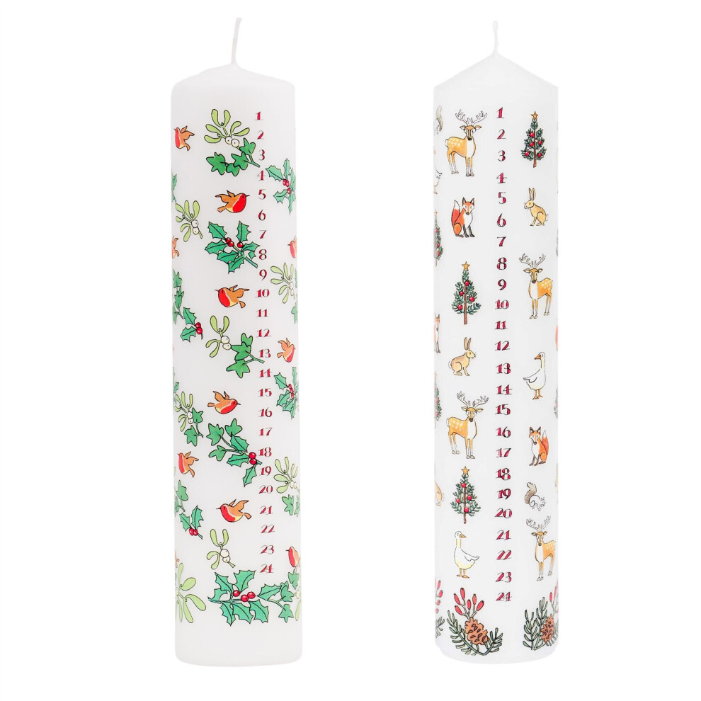 Pack Of 2 Traditional Countdown Christmas Advent Candle Holly & Ivy And Wildlife