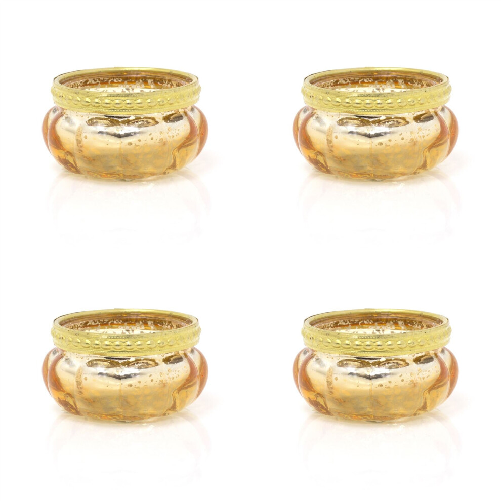Pack Of 4 Gold Mottled Effect Round Glass Ribbed Tea Light Votive Candle Holder