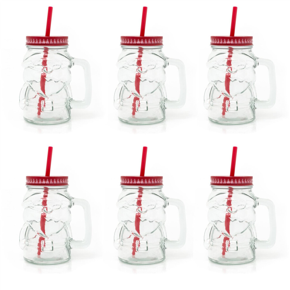 Set Of 6 Clear Glass Mason Drinking Jar Santa Shaped Drinks Glass | Christmas Drinking Jar With Lid And Straw | Novelty Christmas Drinking Glass 400ml