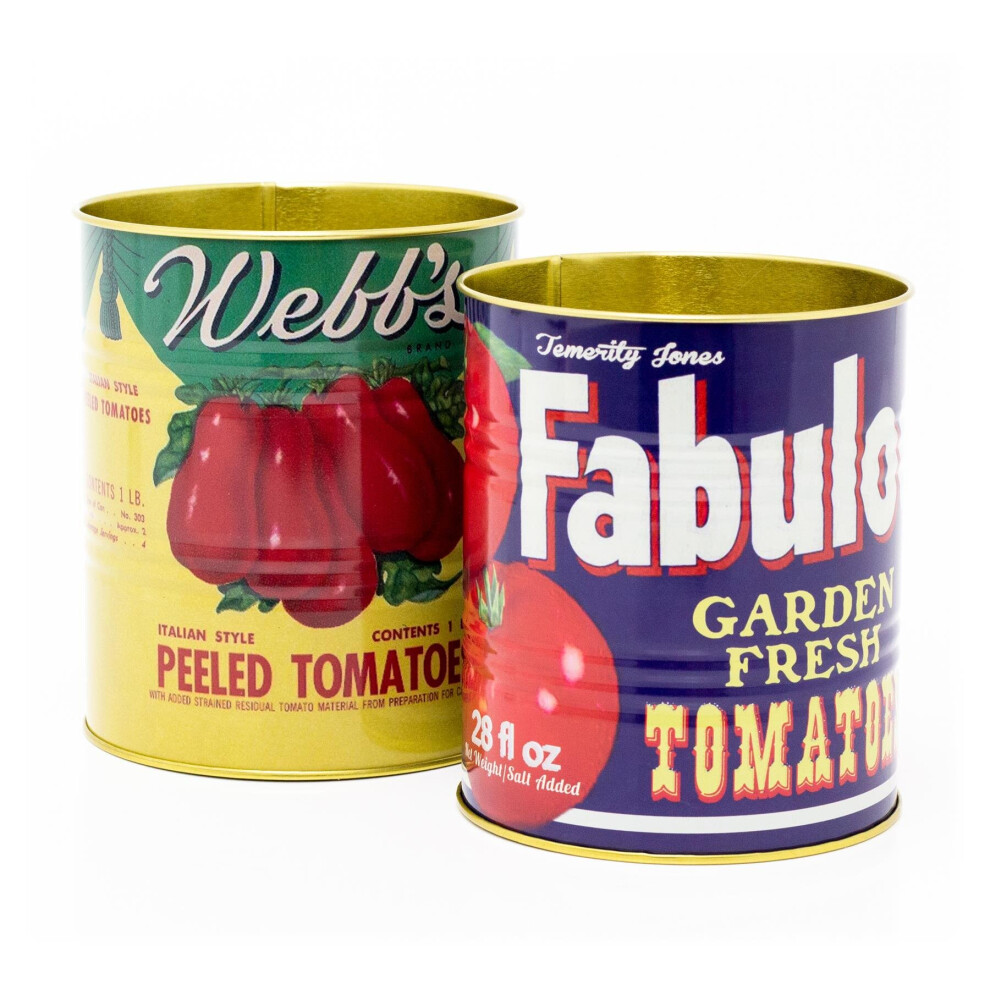 Set of 2 Decorative Replica Food Tin Cans | 2 Piece Replica Tinned Tomato Retro Metal Storage Tin Set | Vintage Style Metal Food Display Cans