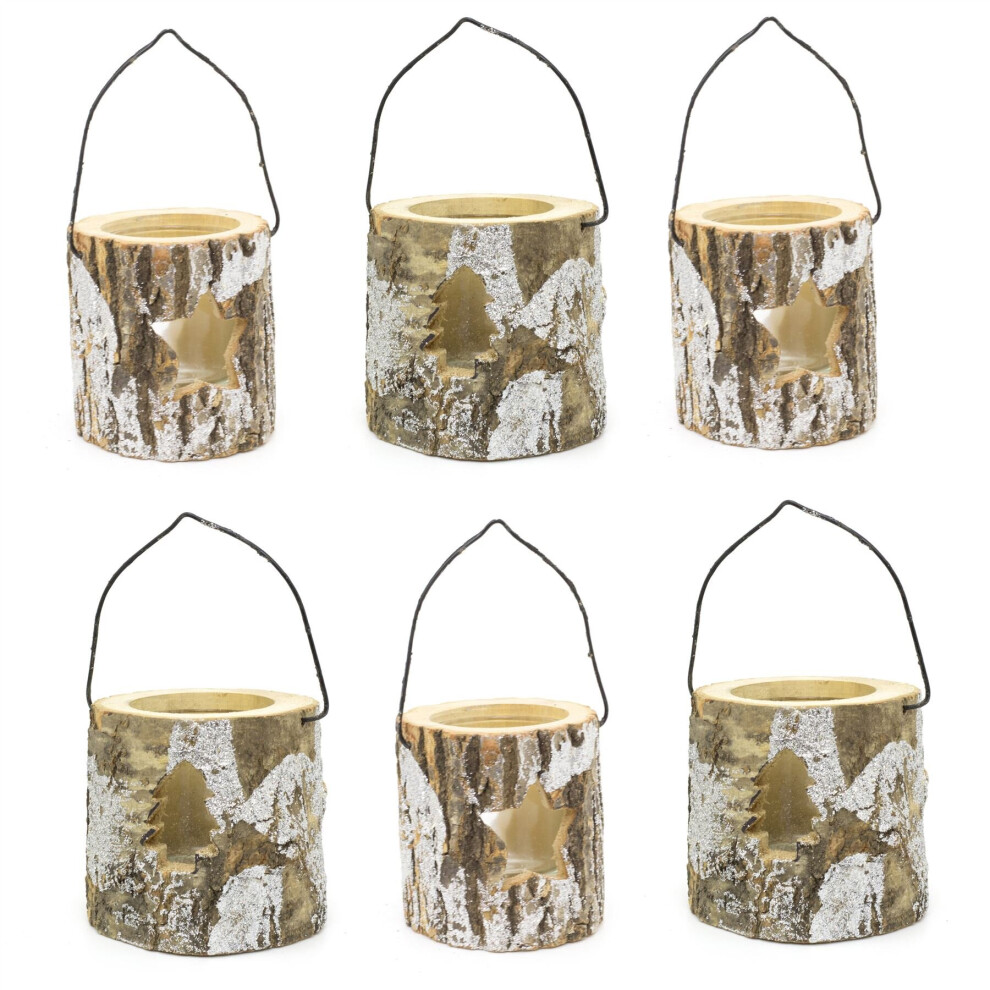 Pack Of 6 Tree Log Christmas Tealight Candle Holders | Rustic Tea Light Lanterns