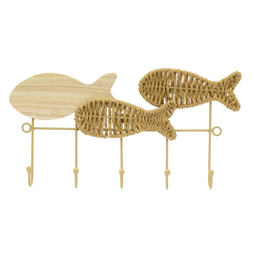Fish Shaped Wall Hooks | Sea Life Nautical Wooden Wall Mounted Fish Coat Hooks | Decorative Sea Creature 5 Hanger Hooks Sea Ocean Decor