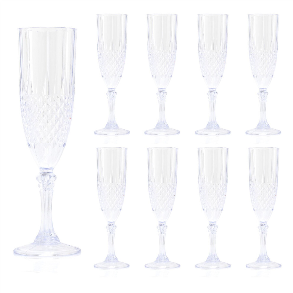 Pack Of 8 Embossed Plastic Champagne Flute | Cut Crystal Effect Reusable Plastic Champagne Flute Glass | Reusable Drinkware Outdoor Champagne Glass