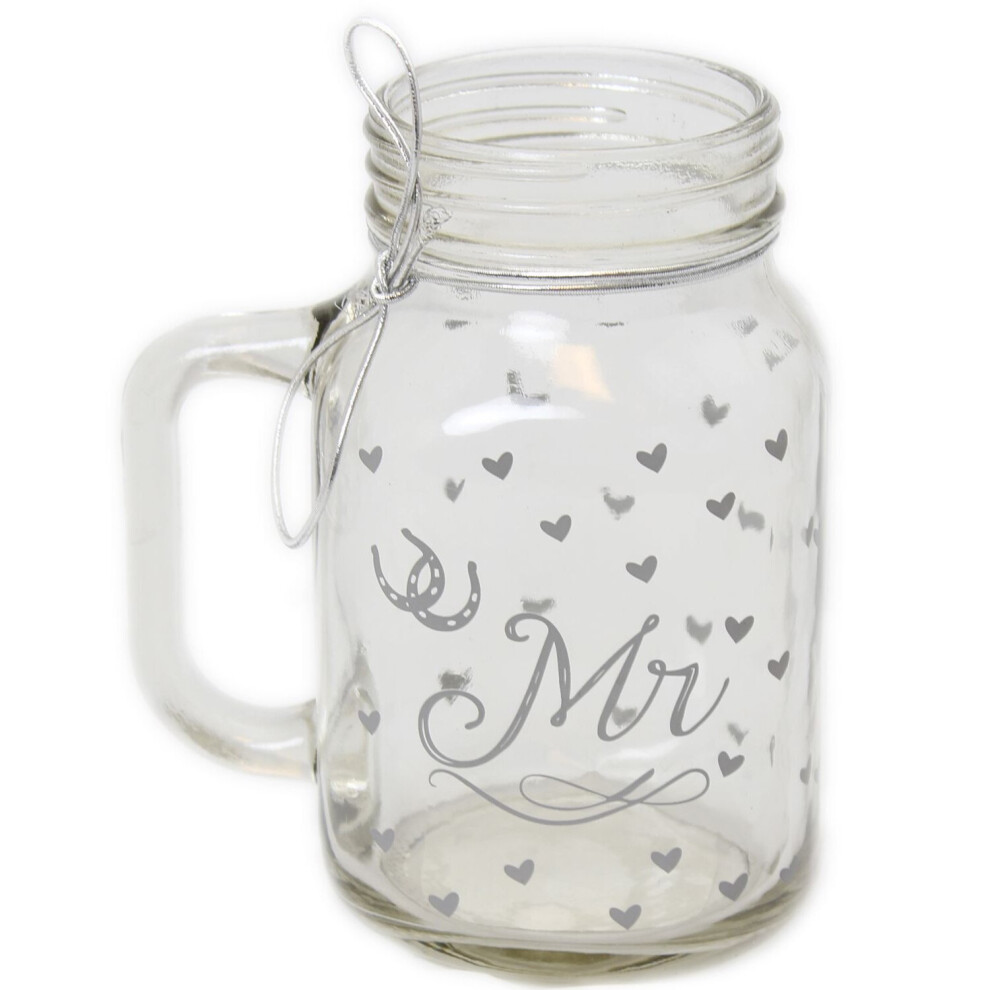 Bride And Groom Mason Style Clear Glass Wedding Drinking Jar ~ Mr