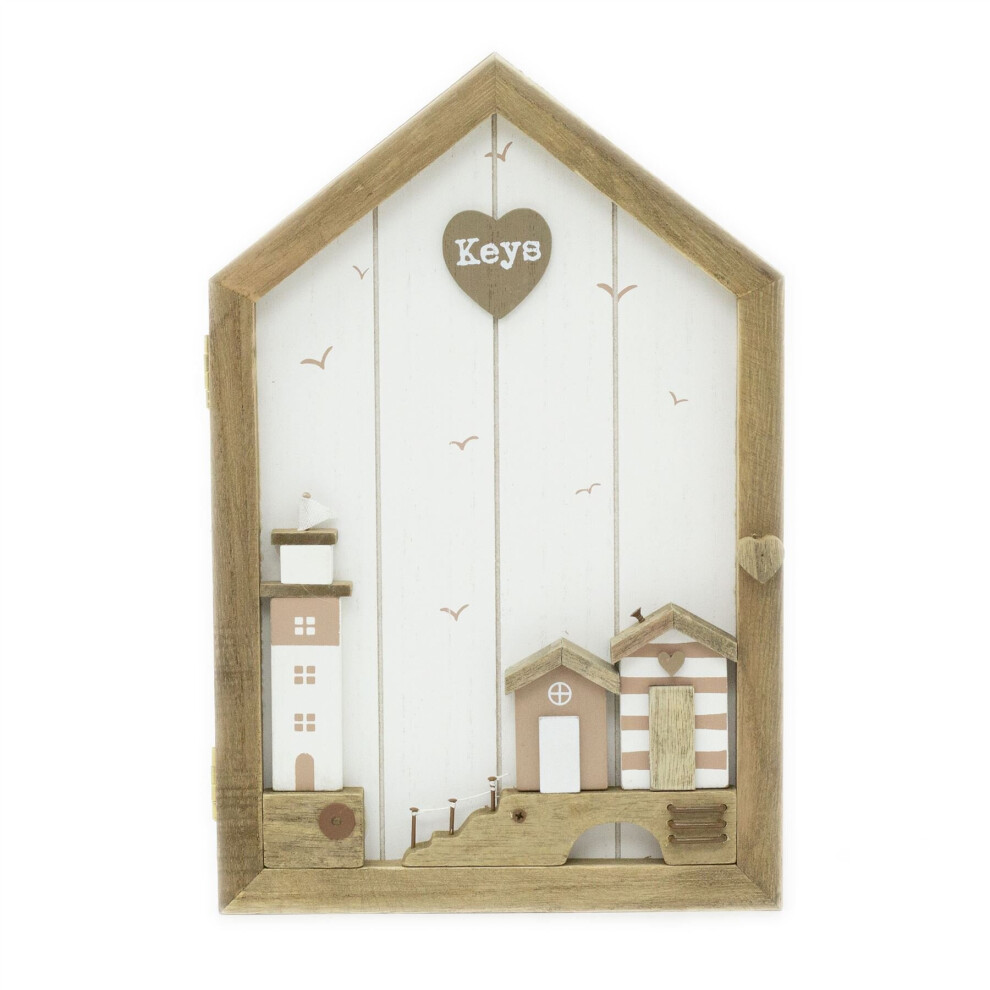 Seashore Coastal Cottages Nautical Key Box | Shabby Chic Wooden Beach House Key Cabinet | Wall Mounted Key Cupboard With 6 Key Hooks Key Holder
