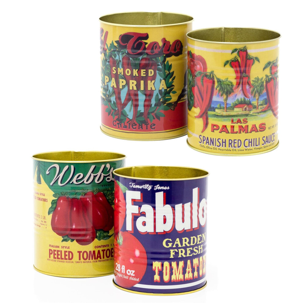 Set of 4 Decorative Replica Food Tin Cans | 4 Piece Mediterranean Retro Metal Storage Tin Set | Vintage Style Metal Food Display Cans