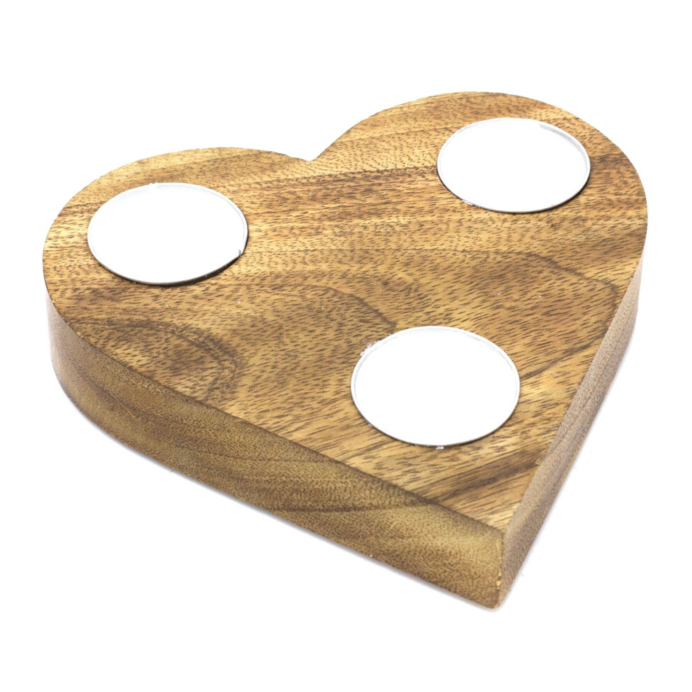 Mango Wood Heart-shaped Triple Tealight Holder | 3 Tea Light Candle Holder With Tealights | Multi Wooden Love Heart Votive Wedding Tealight Candles