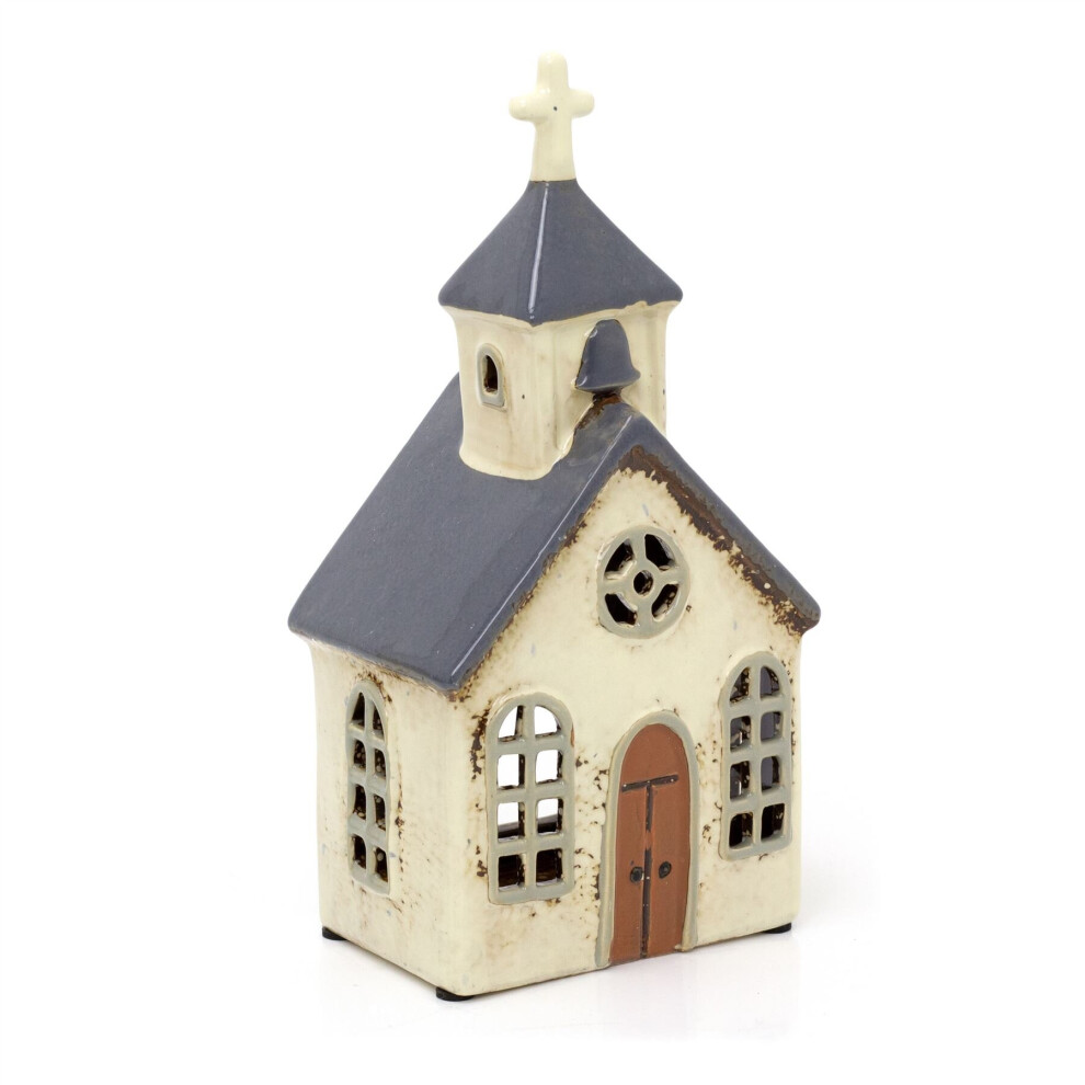 Ceramic Village Church Tealight Candle Holder | Rustic Style Chapel Tea Light Candle Decoration | Large Tealight Votive Holder - 24cm