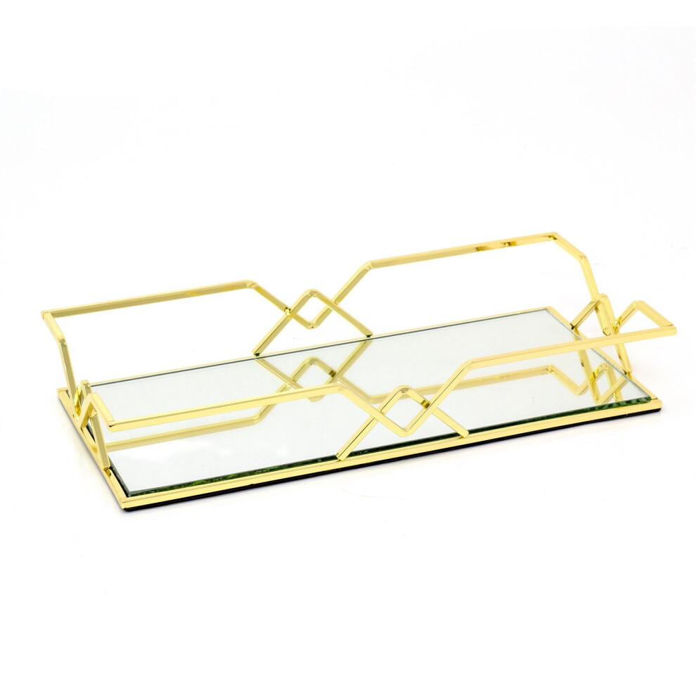 Gold Metal Mirror Tray Rectangle Trinket Tray | Decorative Rectangle Mirror Glass Tray | Mirrored Candle Tray Vanity Perfume Tray - 31cm